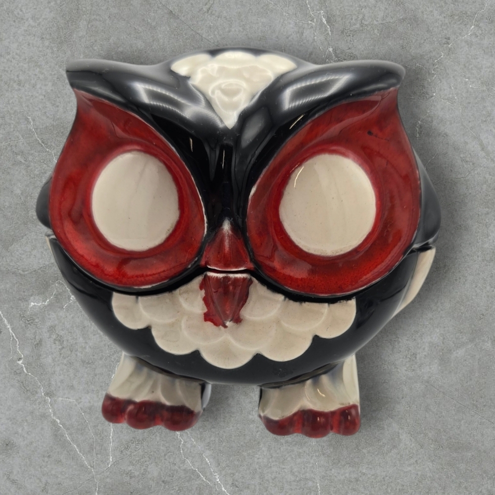 MCM Vintage Ceramic Owl Trinket Box Red White Black
